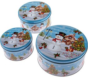 Set de 3 cutii de tablă rotunde Om de zăpadă