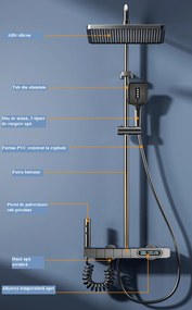 Coloană de duș termostat, afișaj digital, lumină LED ambientală, 4 funcții, butoane ca de pian, cap duș dreptunghiulară, 30×20 cm, efect de ploaie, înălțime reglabilă, montare pe perete, Negru, SS01