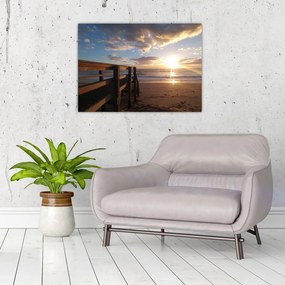 Tablou pe sticlă cu dig, plajă și mare (70x50 cm)
