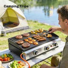 Outsunny Plancha pe gaz din inox, 3 arzătoare, grătar pe gaz cu plită emailată și grilă de menținere la cald, 7,5 kW, 62x44x21cm, Negru | Aosom Romania