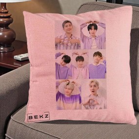 Perna Personalizata K-pop BTS Colaj 7 Portrete cu Inimi Lila, 40x40 cm, Roz, Husa Detasabila, Perna Inclusa, BEKZ®