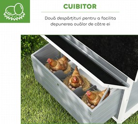 PawHut Coteț din Lemn cu 2 Cuiburi, Coteț Exterior pentru Găini cu Acoperiș Rezistent la Apă, Tavă Detașabilă și Prăjini, Adăpost pentru 2-4 Găini, Rațe, Grădină, 150x100x96,5 cm, Gri | Aosom Romania