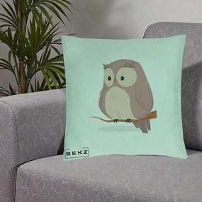 Perna Decorativa Bufnita Kawaii pe Creanga, 40x40 cm, Verde Menta, Husa Detasabila, Perna Inclusa, BEKZ®