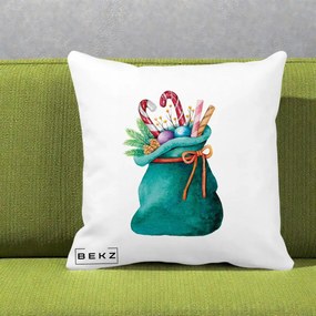 Perna Decorativa Saculet Cadouri Mos Craciun Acuarela Verde, 40x40 cm, Alba Mata, Husa Detasabila, Perna Inclusa, BEKZ®