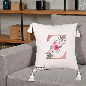 Cadou Personalizat - Perna Personalizata Monograma Rose Gold Litera Z, 40x40 cm, Bej cu Franjuri, Husa Detasabila, Perna Inclusa, BEKZ®