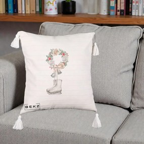 Perna Decorativa Patine cu Coroana Florala de Craciun, 40x40 cm, Bej cu Franjuri, Husa Detasabila, Perna Inclusa, BEKZ®