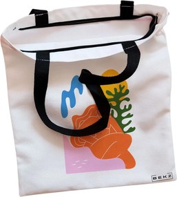 Sacosa de Panza pentru Cumparaturi, Geanta Tote, model Abstract Connection 2, Cu fermoar, 38x34.5 cm, Alba, BEKZ®