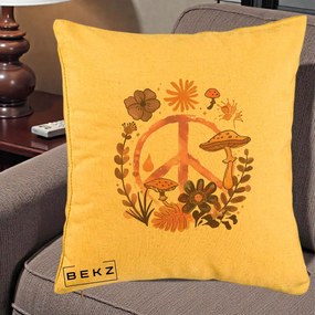 Perna Decorativa Peace Ciuperci Boho, 40x40 cm, Galben, Husa Detasabila, Perna Inclusa, BEKZ®