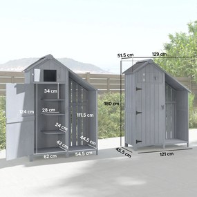 Outsunny Dulap de grădină din lemn pentru exterior, rezistent la intemperii, magazie pentru unelte cu acoperiş bituminos, poliţă 129 x 51,5 x 180 cm Gri | Aosom Romania