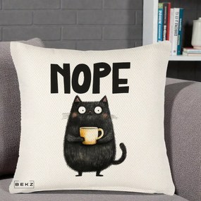 Perna Decorativa NOPE Pisica Neagra Cafea, 40x40 cm, Crem Reliefat, Husa Detasabila, Perna Inclusa, BEKZ®