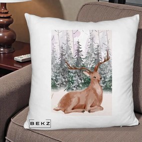 Perna Decorativa Ren in Padure Roz Moale, 40x40 cm, Alb Pufos, Husa Detasabila, Perna Inclusa, BEKZ®