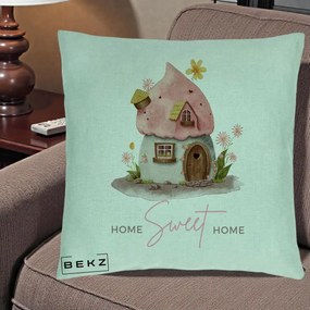 Perna Decorativa Home Sweet Home Casuta, 40x40 cm, Verde Menta, Husa Detasabila, Perna Inclusa, BEKZ®