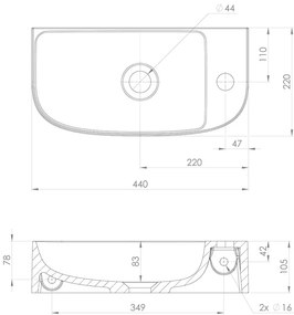 Chiuvetă mică pentru WC albă din compozit mineral 44x22 cm Alga – Sapho