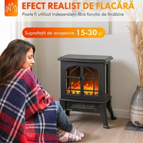 HOMCOM Șemineu Electric de Podea, Flacără 3D, Termostat 10-35°C, Plastic, Sticlă, 39x24x48 cm, Negru | Aosom Romania