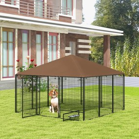 PawHut Gard pentru Câini din Metal cu Ușă pentru Bol, Gard pentru Câini pentru Exterior cu Husă din Textil Oxford, 211x211x151 cm, Negru și Maro