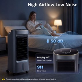 HOMCOM Răcitor de aer mobil 4 în 1 umidificator purificator ventilator, oscilație 90°, 4 viteze, 3 moduri, gri | Aosom Romania