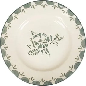 Farfurie din ceramică artizanală, natur, cu motive florale pictate manual verde și bordură decorativă, 19,5 cm, „Marion"