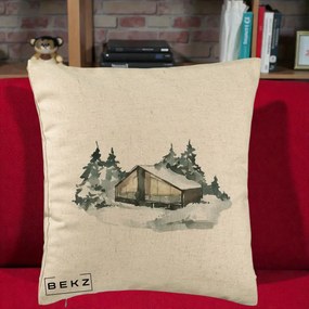 Perna Decorativa Cabana de Iarna in Padure, 40x40 cm, Bej, Husa Detasabila, Perna Inclusa, BEKZ®