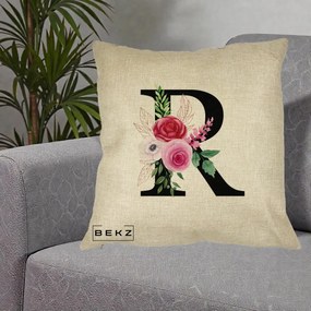 Cadou Personalizat - Perna Personalizata Monograma Florala Litera R, 40x40 cm, Crem, Husa Detasabila, Perna Inclusa, BEKZ®
