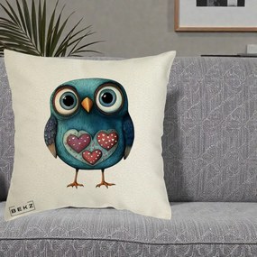 Perna Decorativa Bufnita Teal cu Doua Inimi, 40x40 cm, Ecru, Husa Detasabila, Perna Inclusa, BEKZ®
