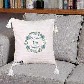 Cadou pentru Bunic - Perna Personalizata Cel Mai Bun Bunic Coronita Flori Albastre Teal, 40x40 cm, Bej cu Franjuri, Husa Detasabila, Perna Inclusa, BEKZ®