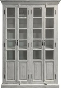 Vitrină mare din lemn masiv de mango cu 4 uși vitrate și 3 rafturi, finisaj décapé alb, 135×50×210 cm, „Vendôme"