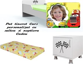Pat tineret Cars personalizat cu saltea si noptiera cadou