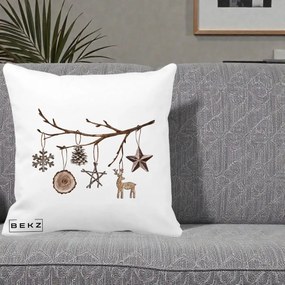 Perna Decorativa Ornamente de Lemn pe Ramura, 40x40 cm, Alba Mata, Husa Detasabila, Perna Inclusa, BEKZ®