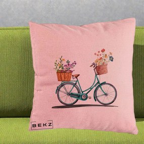 Perna Decorativa Bicicleta Florala Turcoaz Acuarela, 40x40 cm, Roz, Husa Detasabila, Perna Inclusa, BEKZ®