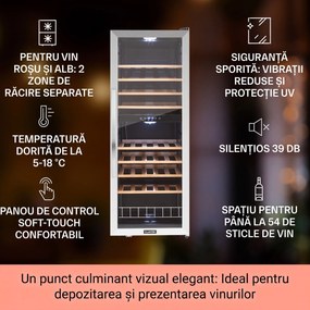 Klarstein Vinamour 54D, răcitor de vinuri, 2 zone, 148 l, 54 sticle, față din oțel inoxidabil