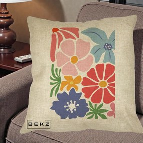 Perna Decorativa Flori Grafice Roz-Rosu-Albastru, 40x40 cm, Crem, Husa Detasabila, Perna Inclusa, BEKZ®