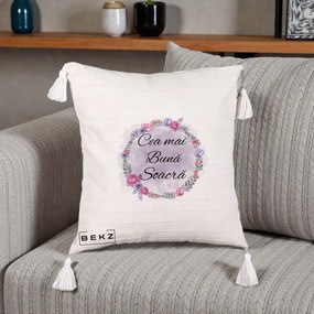 Cadou pentru Soacra - Perna Personalizata Cea mai Buna Soacra cu Coronita Flori Roz si Mov, 40x40 cm, Bej cu Franjuri, Husa Detasabila, Perna Inclusa, BEKZ®