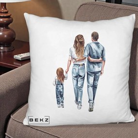 Cadou pentru Familie - Perna Personalizata Familie Acuarela Jeans, 40x40 cm, Alb Pufos, Husa Detasabila, Perna Inclusa, BEKZ®