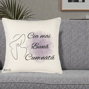 Cadou pentru Cumnata - Perna Personalizata Cea mai Buna Cumnata cu Silueta Dama si Pete Violet, 40x40 cm, Crem Reliefat, Husa Detasabila, Perna Inclusa, BEKZ®
