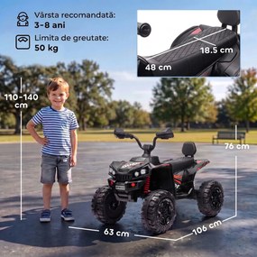 AIYAPLAY ATV electric pentru copii 24V, 2 locuri, baterie litiu, 2 motoare 120W, suspensii, muzică, faruri, negru | Aosom Romania
