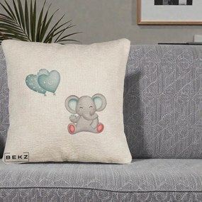 Perna Decorativa Canapea, Model Elefant si baloane in forma de inimioare, 40x40 cm, Bej Canapea, Husa Detasabila, Perna Inclusa, BEKZ®