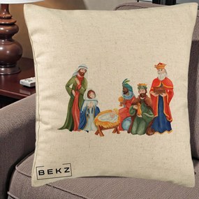 Perna Decorativa Nasterea Domnului Cei Trei Magi Acuarela, 40x40 cm, Bej, Husa Detasabila, Perna Inclusa, BEKZ®