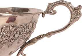 Platou oval pe picior din alamă lucrată manual, argintiu, fructieră cu mânere și struguri în relief, aspect vintage, finisaj nichelat, 30 x 75 x 30
