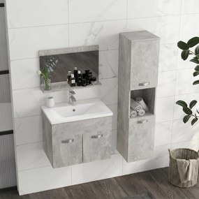 Set de Mobilier de Baie din 3 Piese, Montare pe Perete, cu Dulap cu Oglinda, Dulap de Depozitare Inalt, Gri Kleankin | Aosom Romania