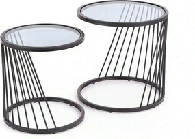 Set 2 masute cafea ANTILLA, transparent/negru, sticla/otel