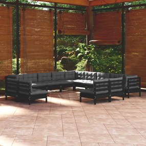 3096891 vidaXL Set mobilier grădină cu perne, 13 piese, negru, lemn masiv pin