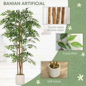 HOMCOM Plantă artificială Ficus Banyan din PEVA și lemn, cu ramuri flexibile și ghiveci din PP și ciment | Aosom Romania