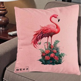 Perna Decorativa Flamingo cu Trandafiri Tropicali, 40x40 cm, Roz, Husa Detasabila, Perna Inclusa, BEKZ®