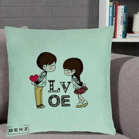Cadou Romantic - Perna Personalizata Cuplu Kawaii LOVE, 40x40 cm, Verde Menta, Husa Detasabila, Perna Inclusa, BEKZ®