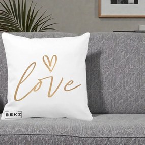 Perna Decorativa Love Caligrafie Aurie, 40x40 cm, Alba Mata, Husa Detasabila, Perna Inclusa, BEKZ®