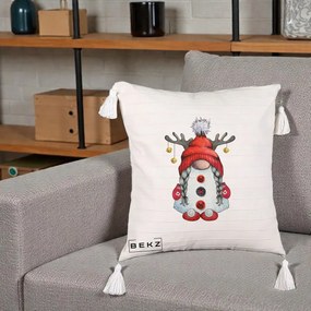 Perna Decorativa Pitic Gnom Craciun cu Coarne de Ren, 40x40 cm, Bej cu Franjuri, Husa Detasabila, Perna Inclusa, BEKZ®