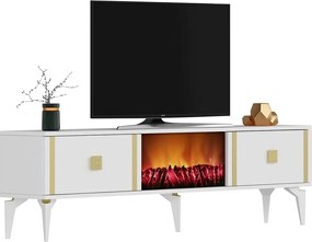 Comoda TV, Hanah Home, Doruk Fireplace, 150x44.6x29.6 cm, Alb/Auriu