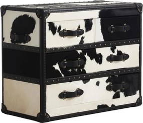 Comodă cu 4 sertare, tip cufăr, din piele naturală cu păr și lemn de stejar, alb și negru, cu colțare din metal, 80 x 100 x 50 cm, „Cow”