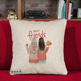 Cadou pentru Prieteni - Perna Personalizata Best Friends Toamna, 40x40 cm, Bej Canapea, Husa Detasabila, Perna Inclusa, BEKZ®