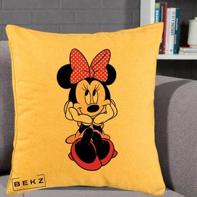 Perna Personalizata Minnie Mouse cu Fundita, 40x40 cm, Galben, Husa Detasabila, Perna Inclusa, BEKZ®